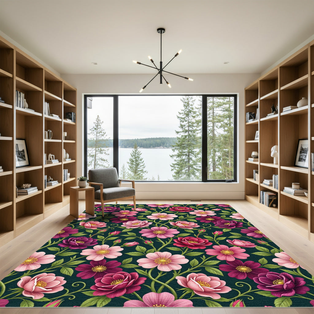 Elegant Pink Floral Botanical Garden Rug