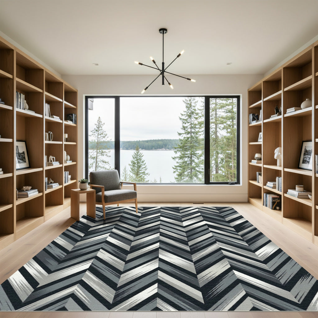 Monochrome Charcoal and Silver Chevron Rug