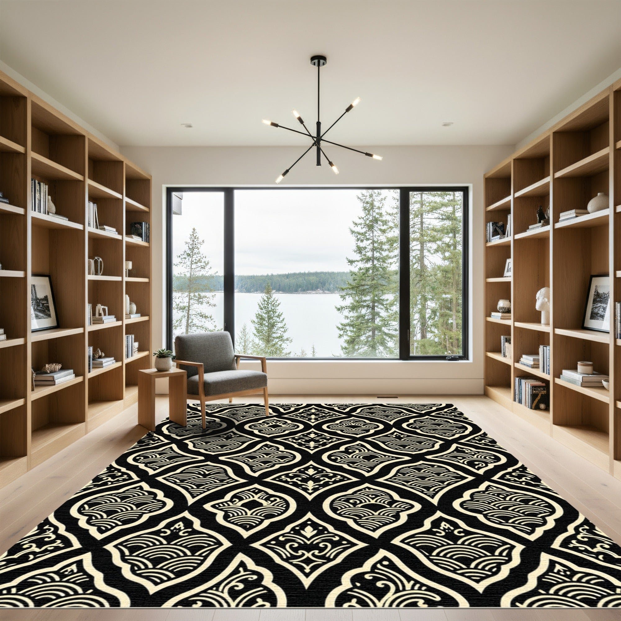 Elegant Black and Cream Scalloped Wave Rug