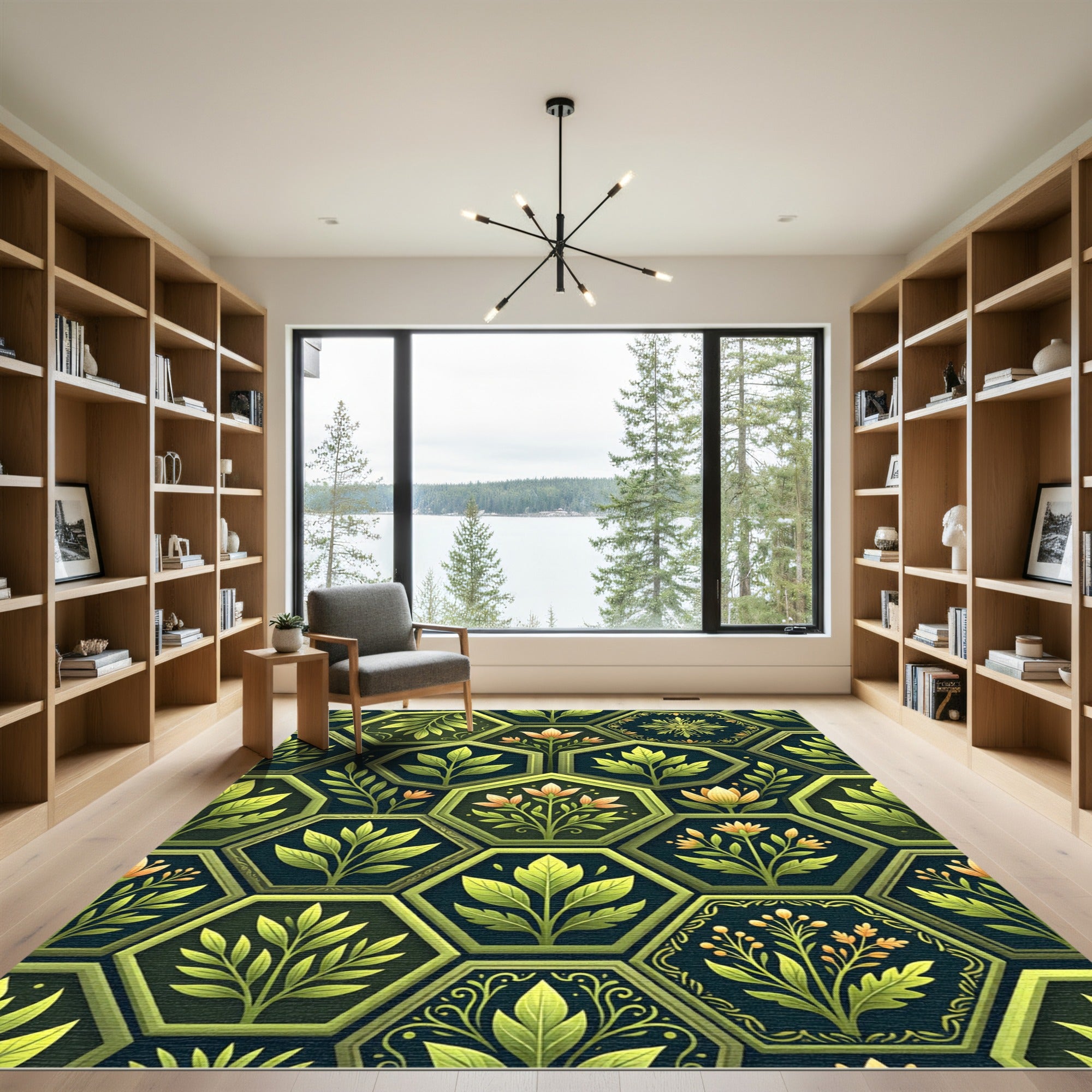 Emerald Green Hexagonal Botanical Floral Rug