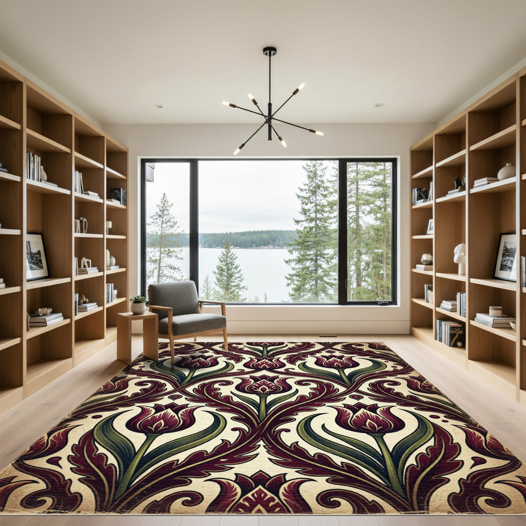 Deep Burgundy Tulip Art Nouveau Scroll Rug