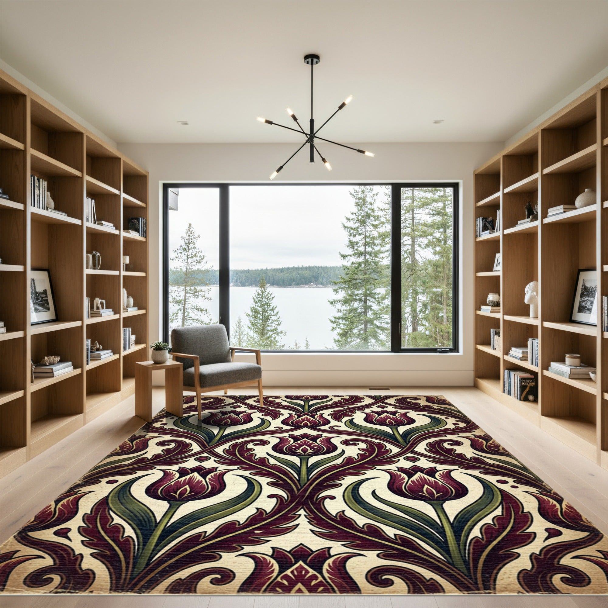 Deep Burgundy Tulip Art Nouveau Scroll Rug