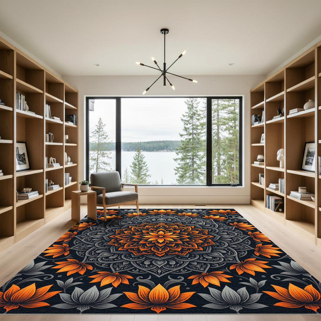 Golden Lotus Mandala and Dark Gray Flourish Rug