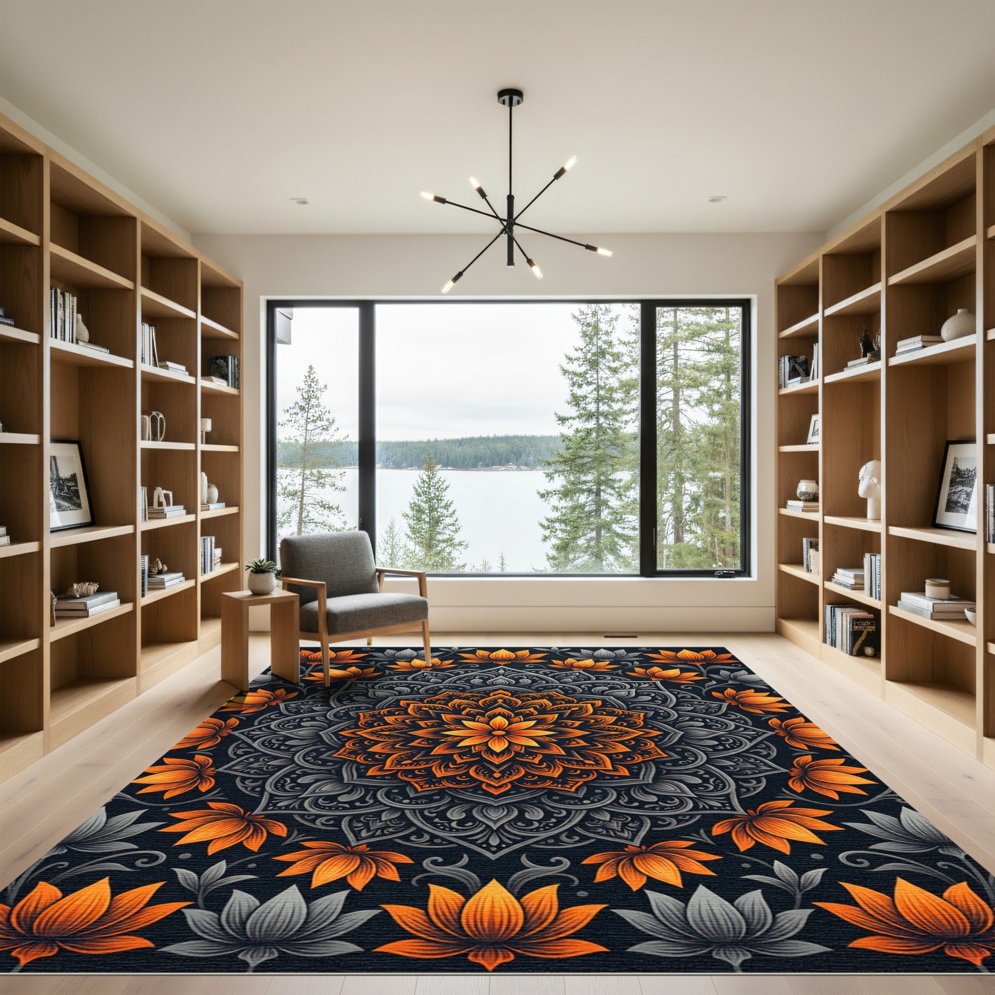 Golden Lotus Mandala and Dark Gray Flourish Rug