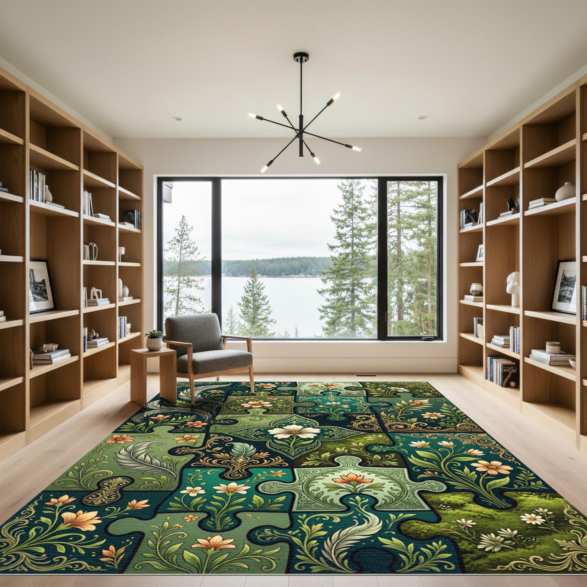 Emerald Green Floral Puzzle Artwork Rug