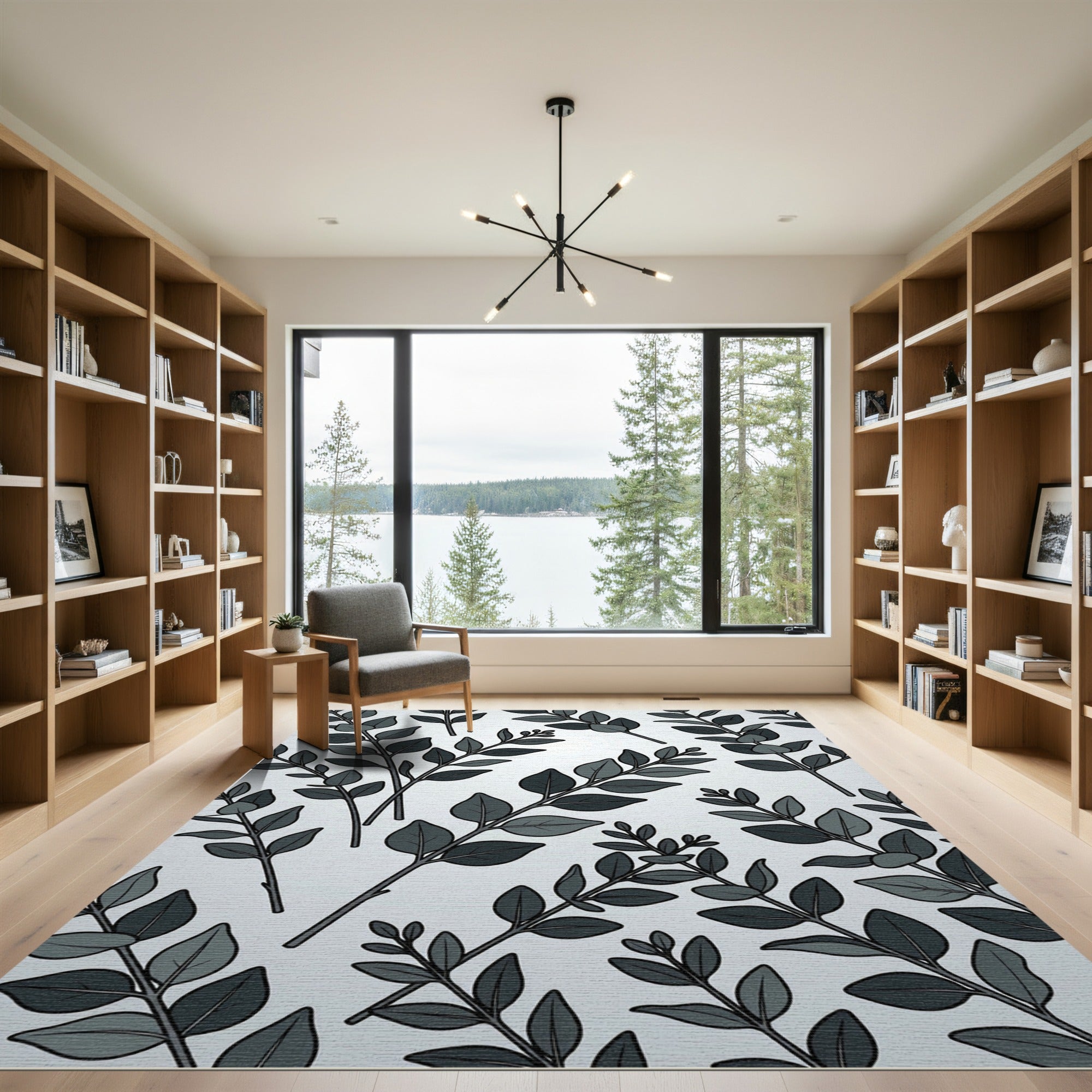 Dark Gray Leaf Branch Composition Rug