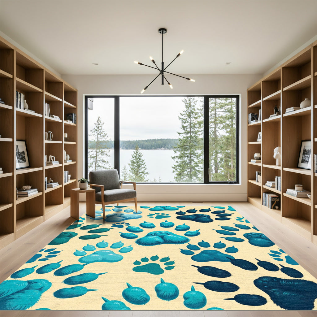 Aqua Blue Paw Prints Fun Pattern Rug