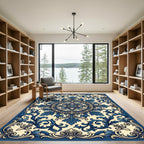 Ornate Blue Scroll Medallion Accents Rug