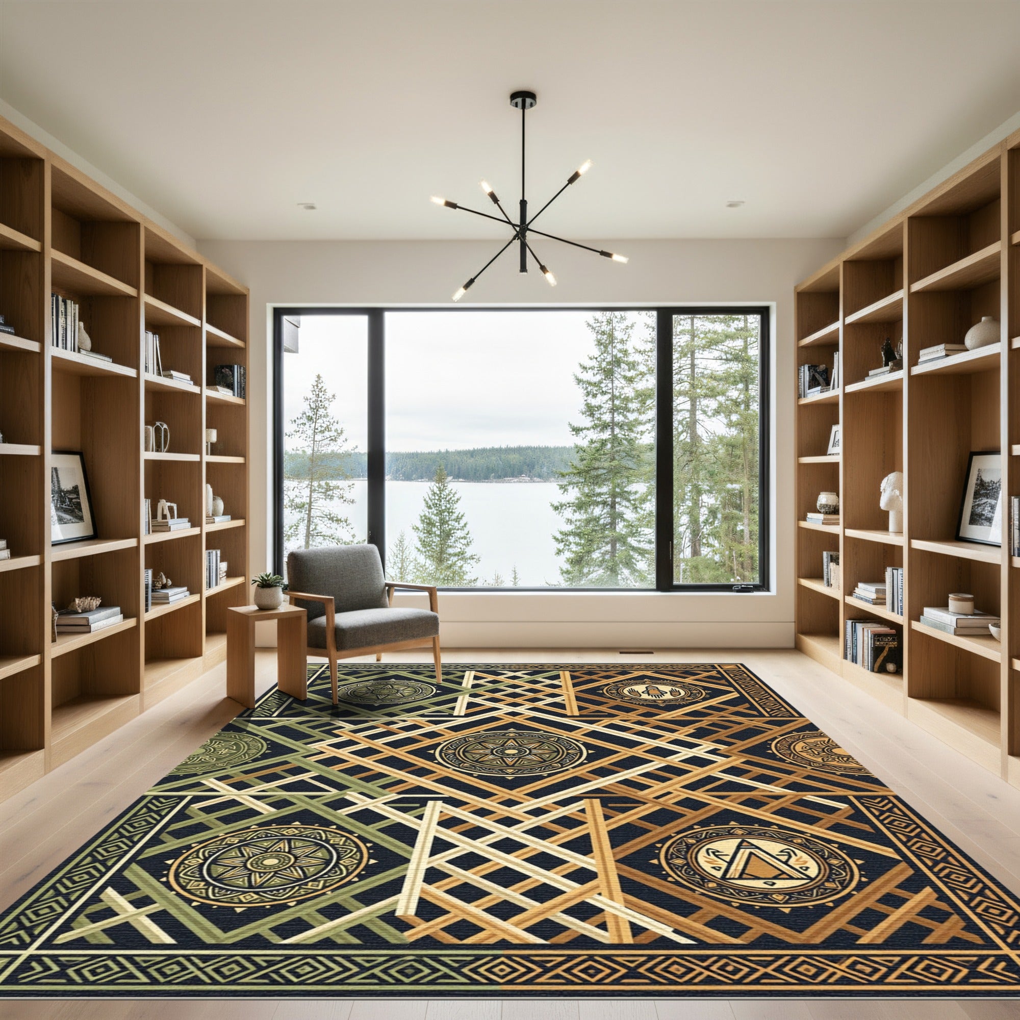 Earthy Geometric Medallion Intersecting Lines Rug