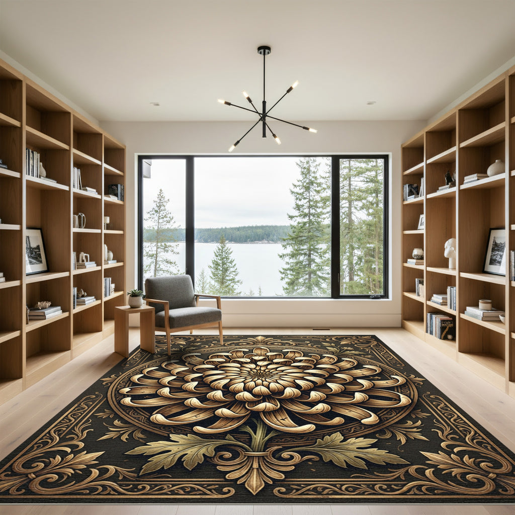 Golden Chrysanthemum Ornate Floral Medallion Rug