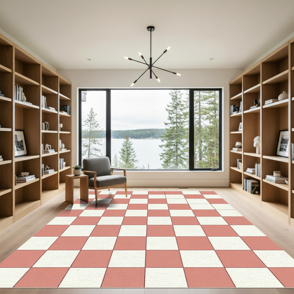 Classic Coral Pink Checkered Grid Area Rug