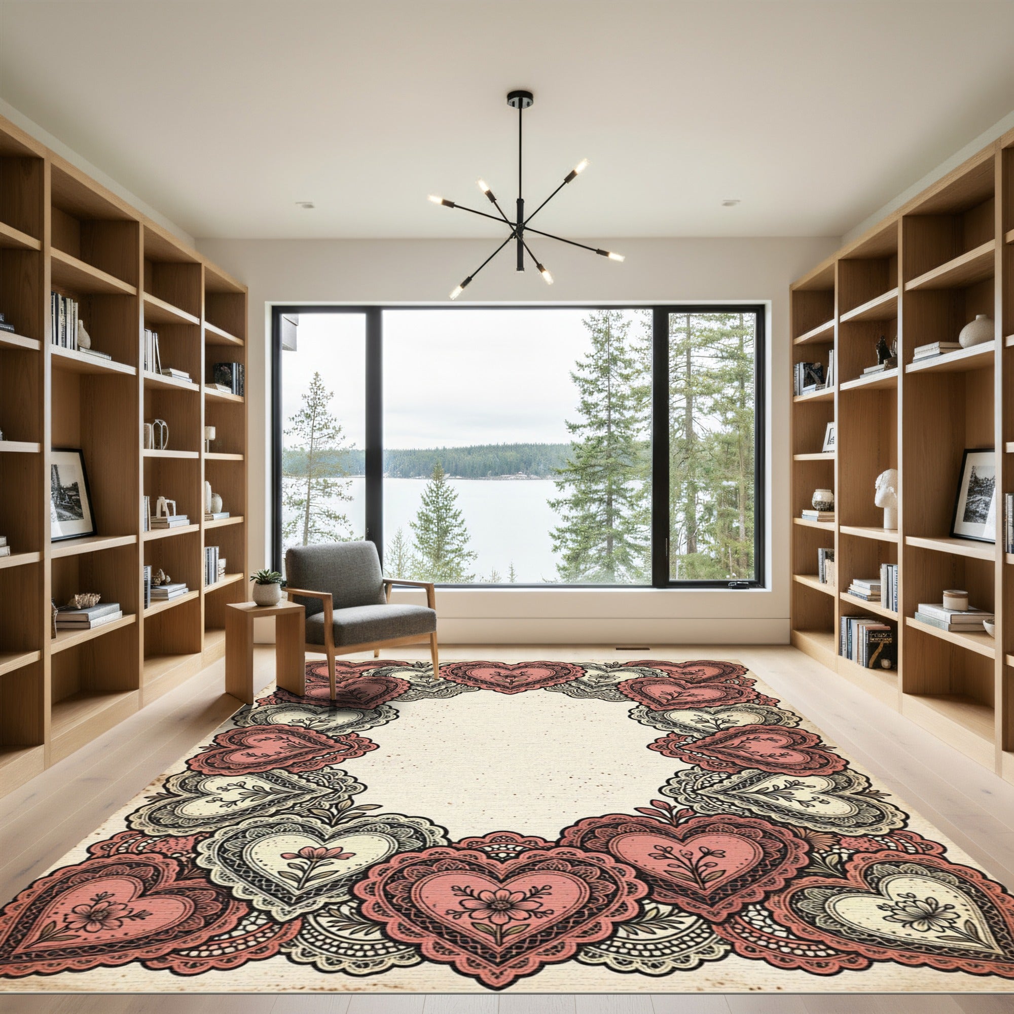 Vintage Coral Heart Lace Border Rug