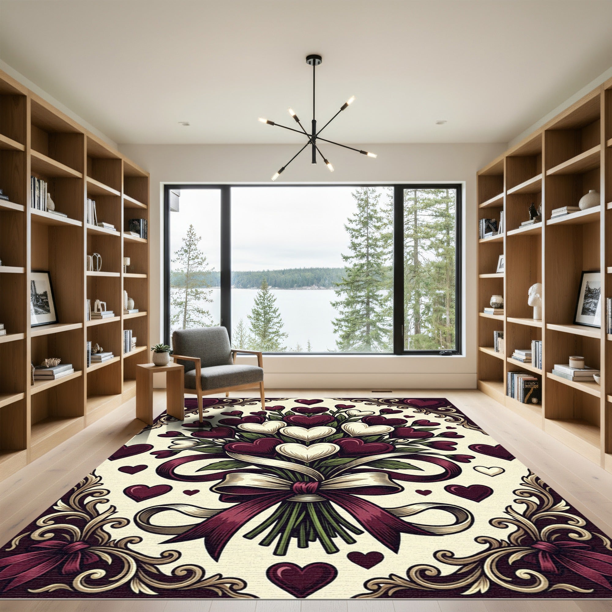 Rich Burgundy White Heart Bouquet Rug
