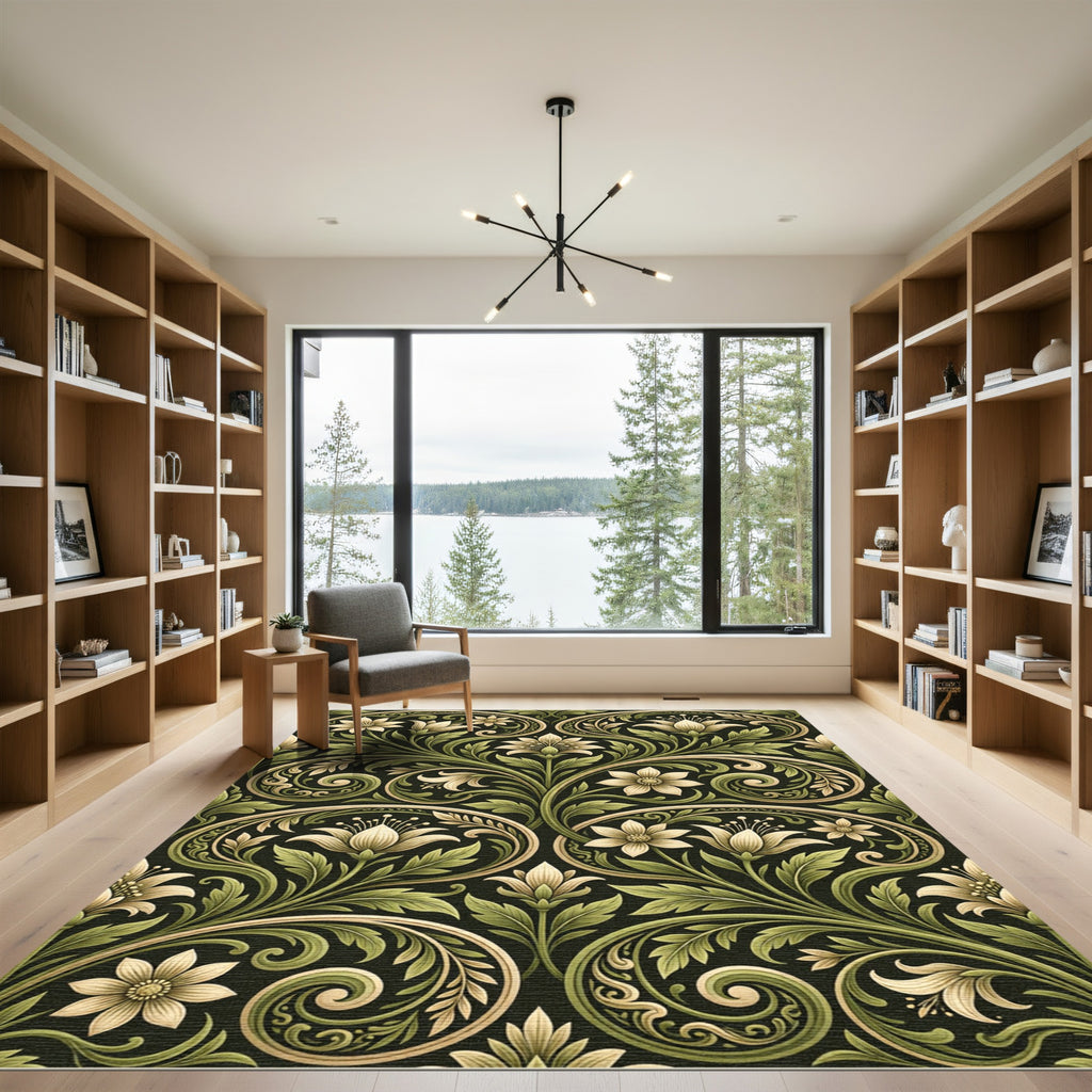 Elegant Sage Gold Floral Scroll Rug