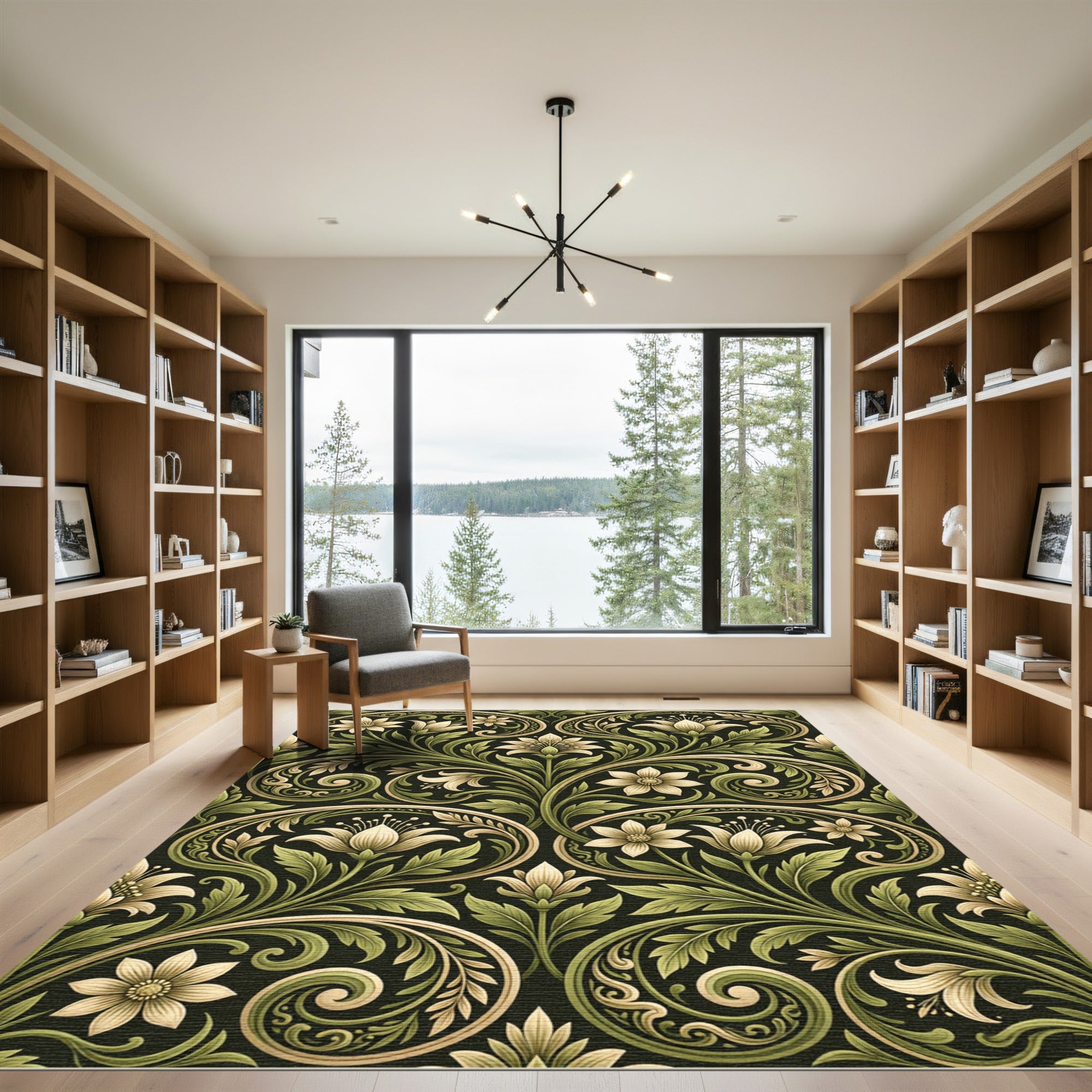 Elegant Sage Gold Floral Scroll Rug