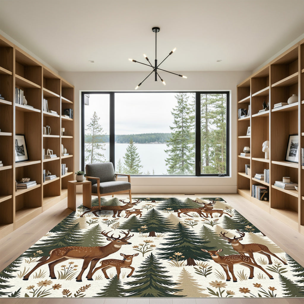 Woodland Deer and Evergreen Forest Illustration Rug