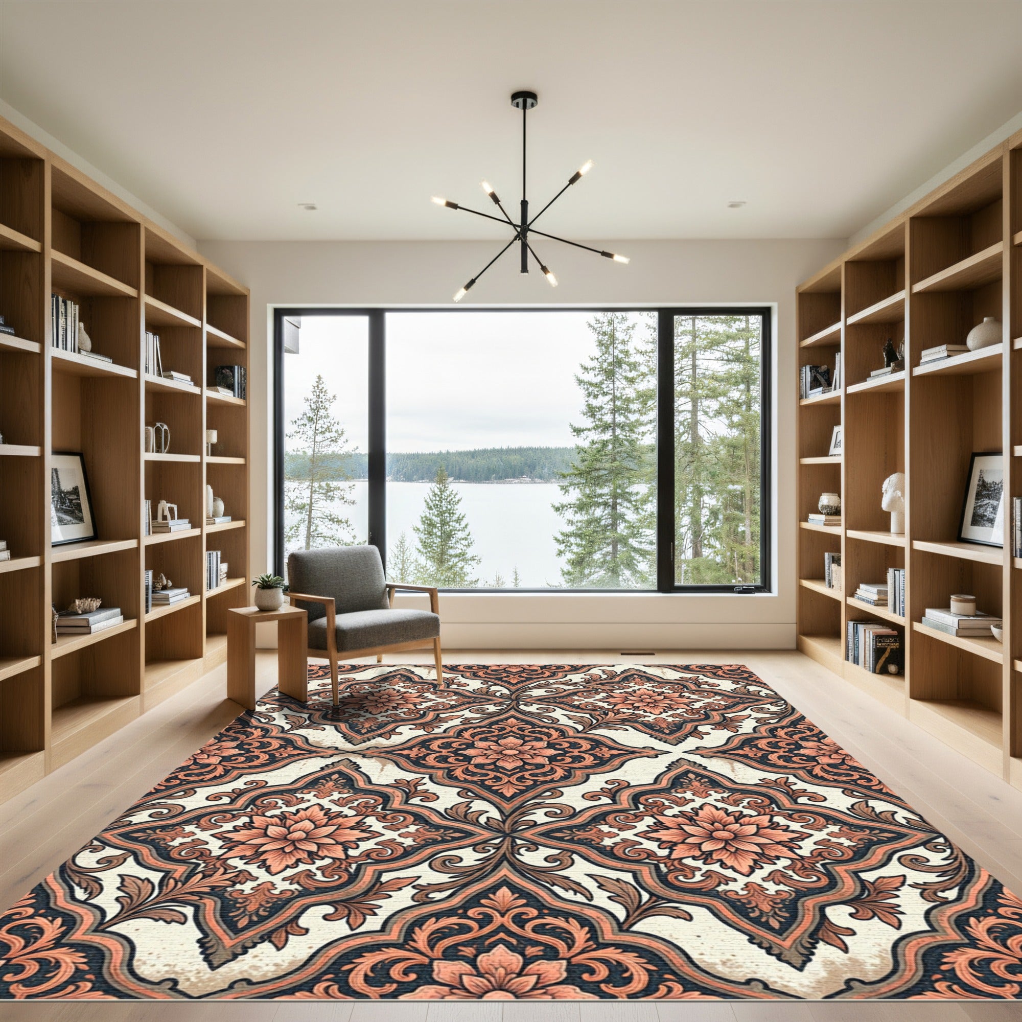 Elegant Salmon Floral Damask Scroll Rug