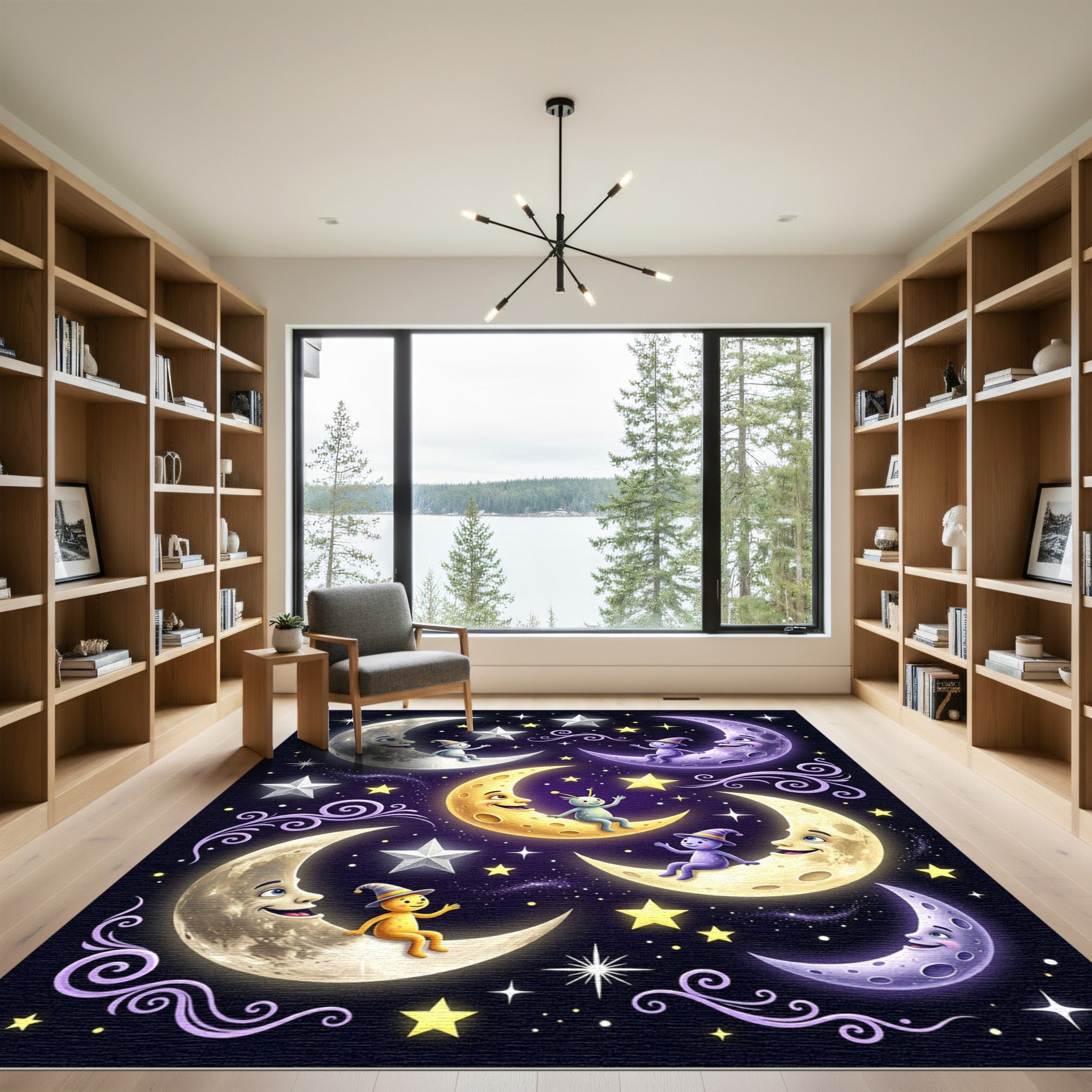 Whimsical Celestial Crescent Moon Starry Night Rug
