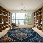 Elegant Blue Golden Ornate Medallion Rug