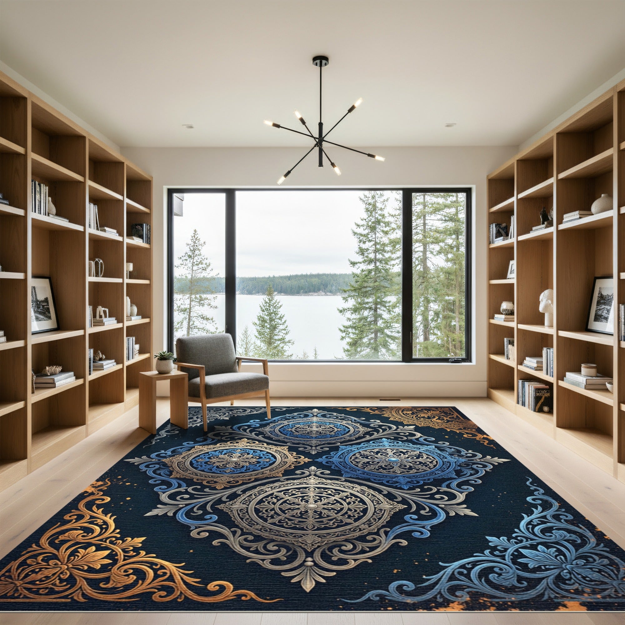 Elegant Blue Golden Ornate Medallion Rug