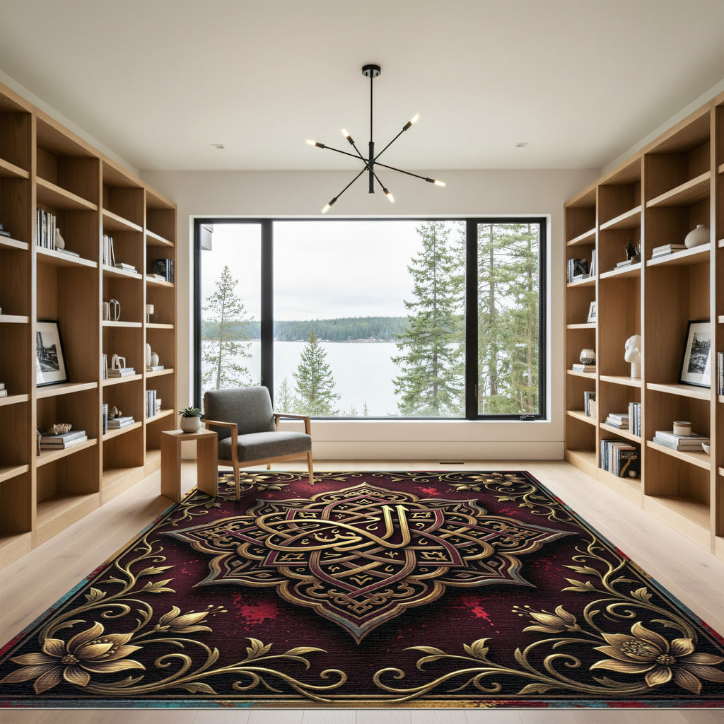 Ornate Radiant Crimson Golden Floral Medallion Rug