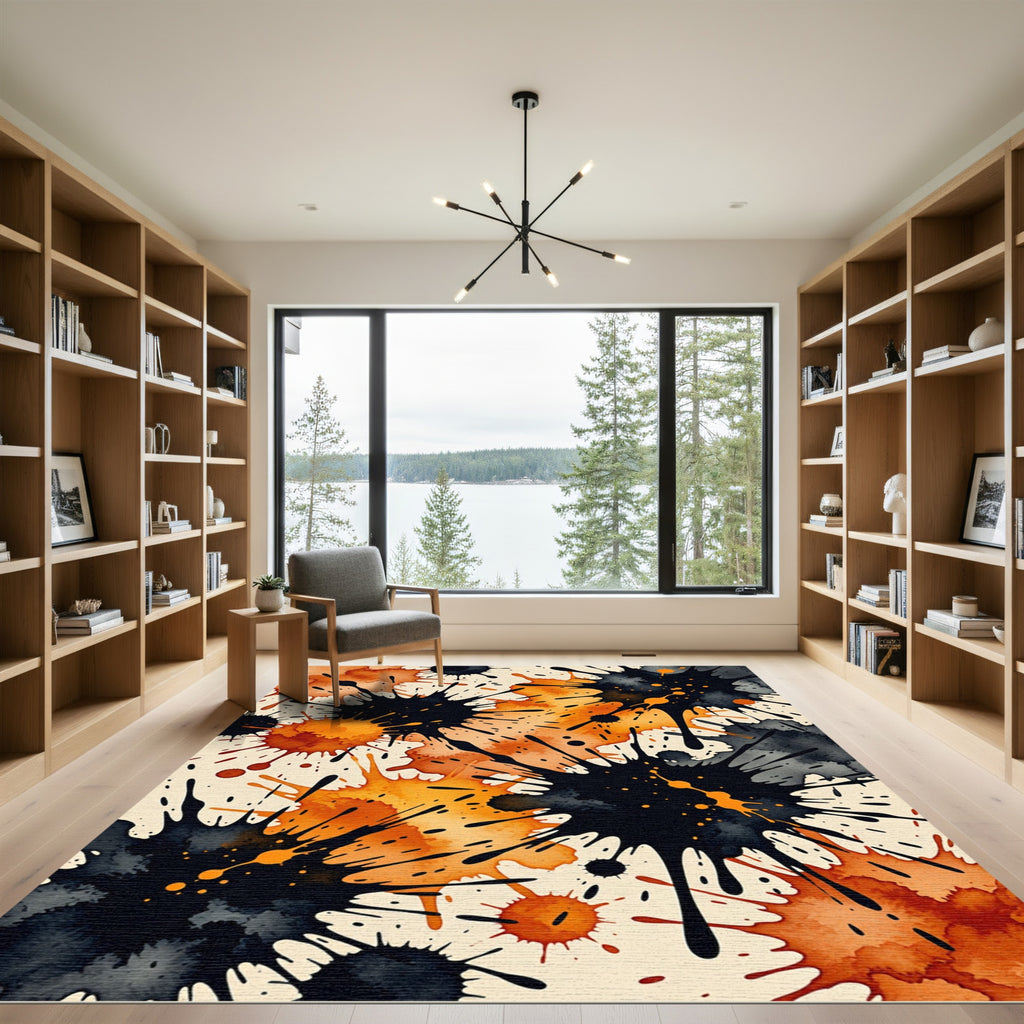 Abstract Ink Splash Orange Black Rug