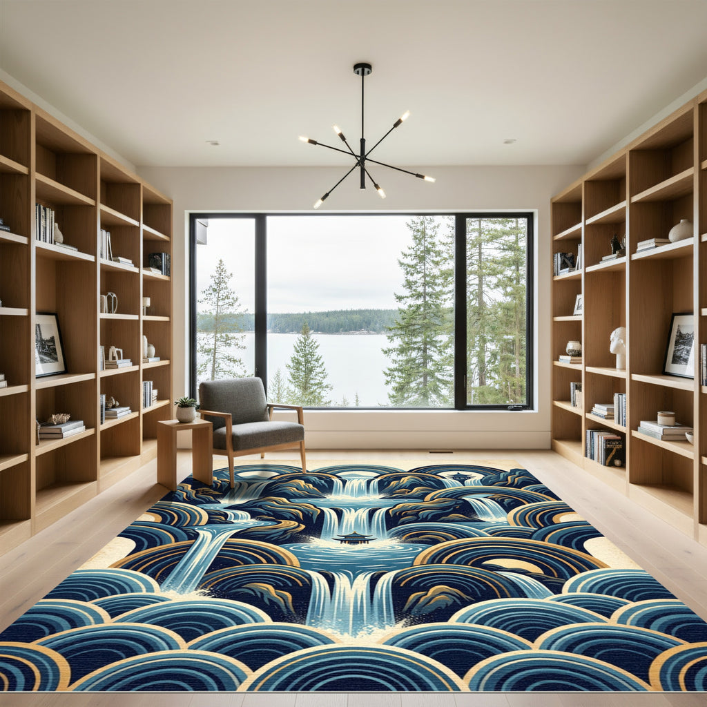 Zen Blue Waterfall Pagoda Geometric Landscape Rug