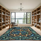 Ornate Teal Gold Flourish Scroll Rug