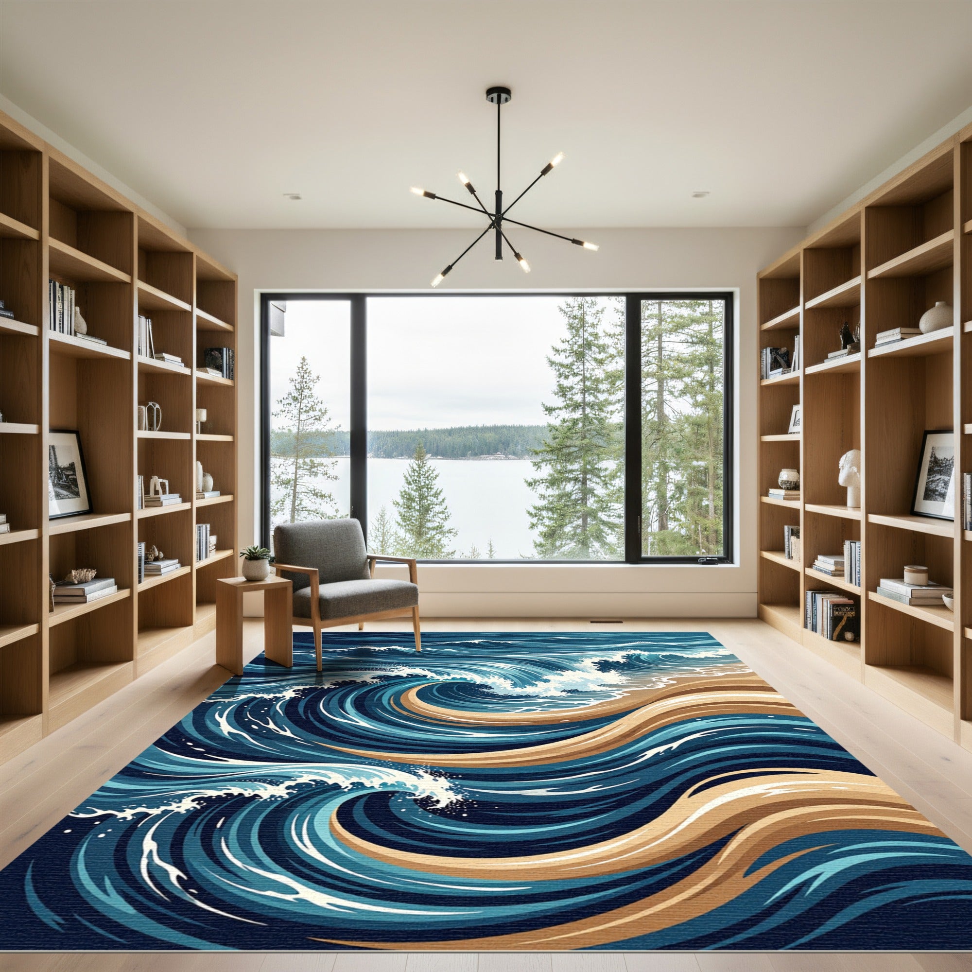 Abstract Oceanic Swirls in Navy and Gold Rug