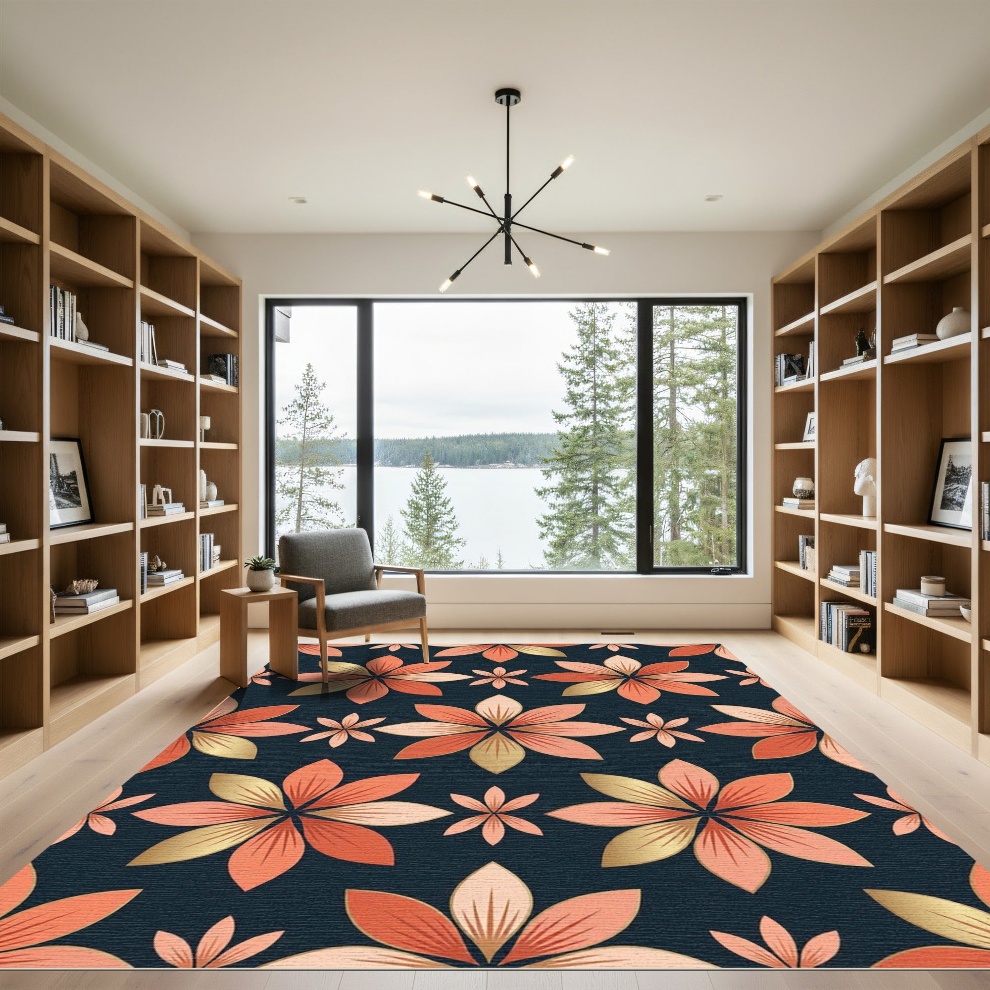 Coral Gold Floral Arrangement Rug