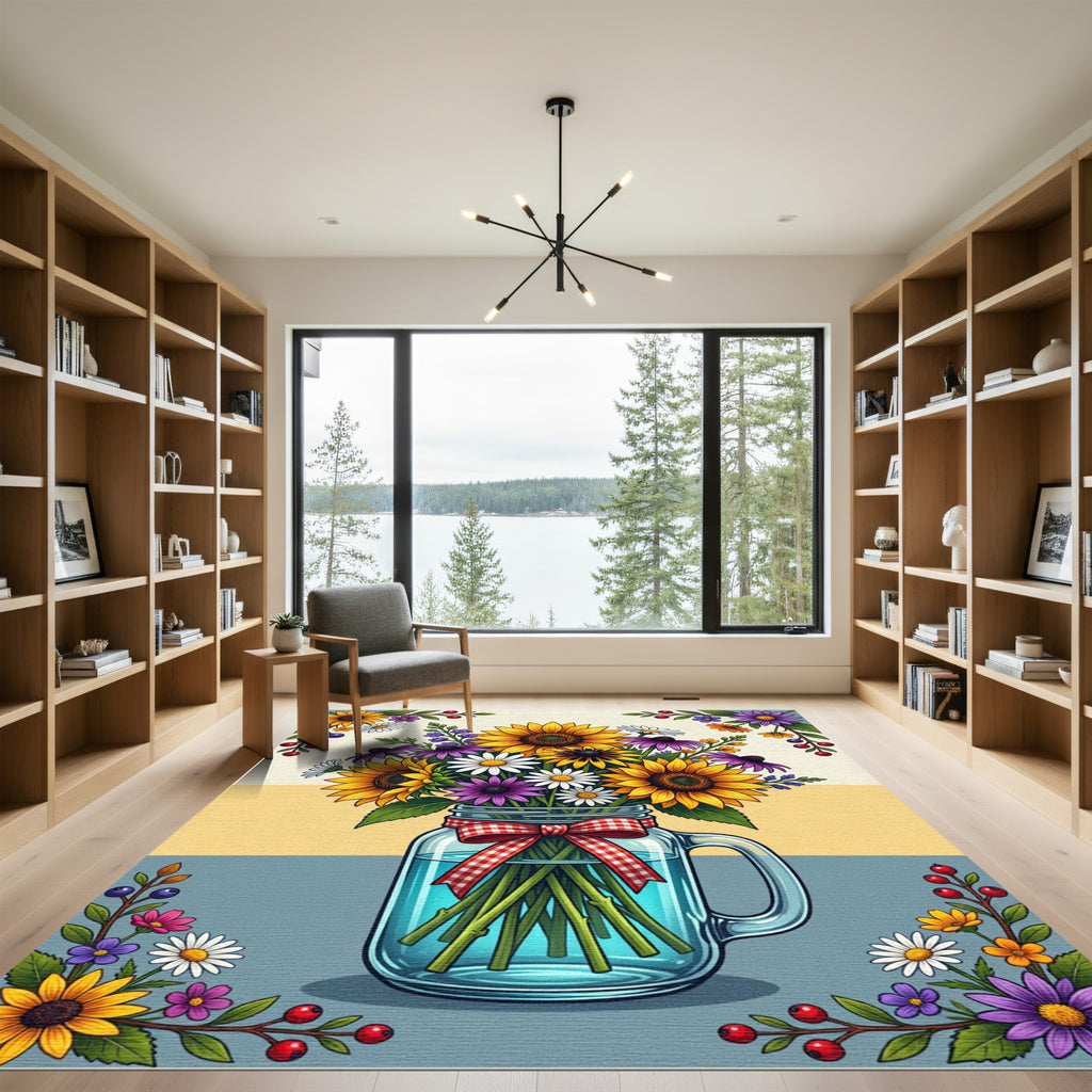 Vibrant Sunflower Bouquet Mason Jar Art Rug