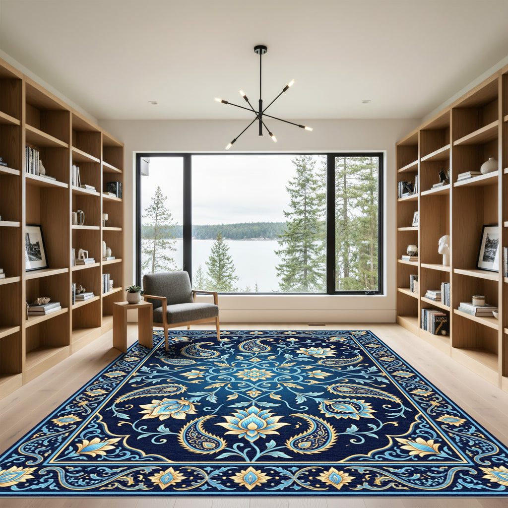 Elegant Blue Paisley Floral Ornament Rug