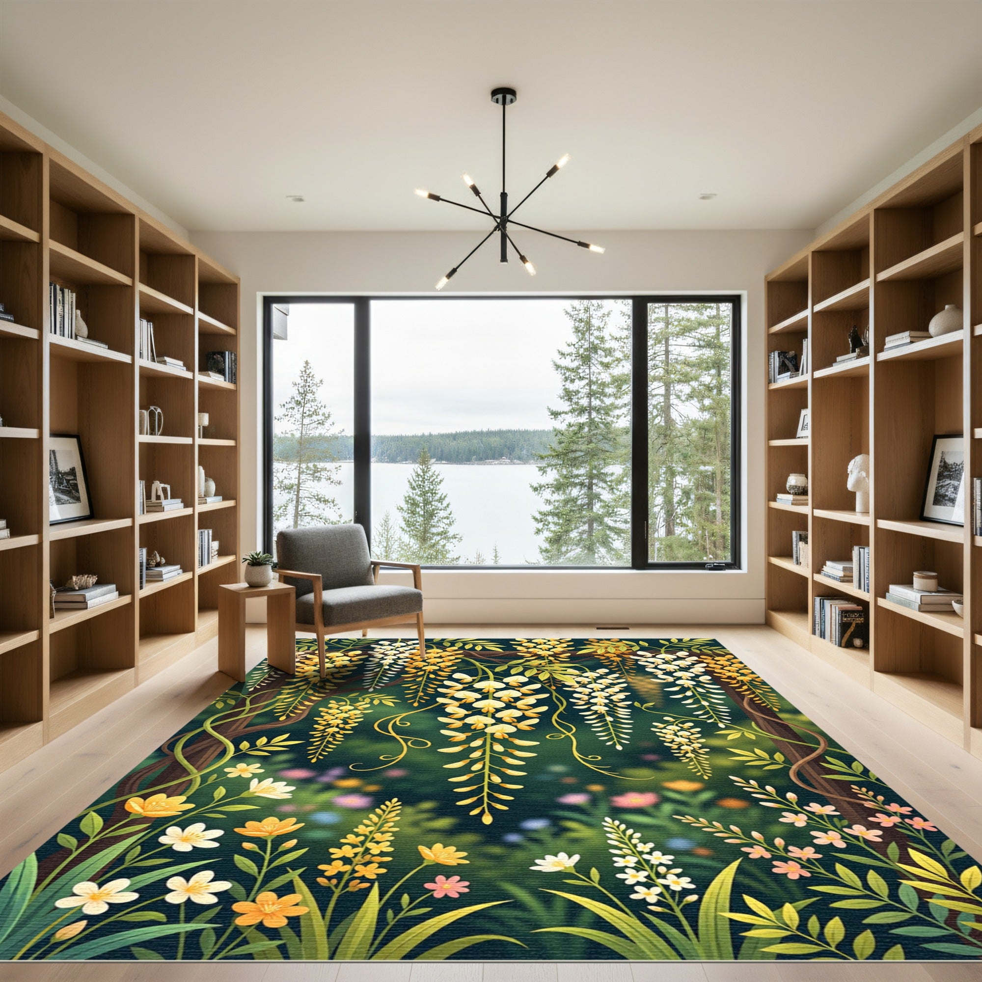 Lush Golden Wisteria Floral Trellis Rug