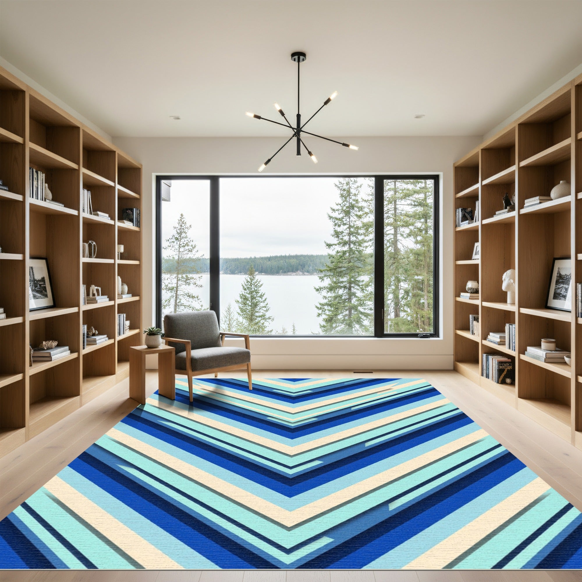 Abstract Chevron Blue Cream Geometric Rug
