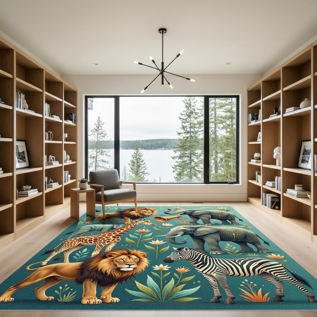 Whimsical Safari Animal Floral Teal Rug