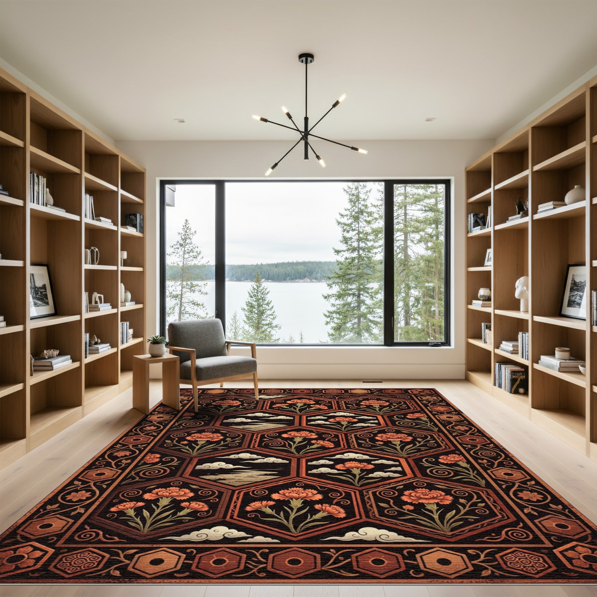 Terracotta Hexagonal Floral Cloud Tapestry Rug