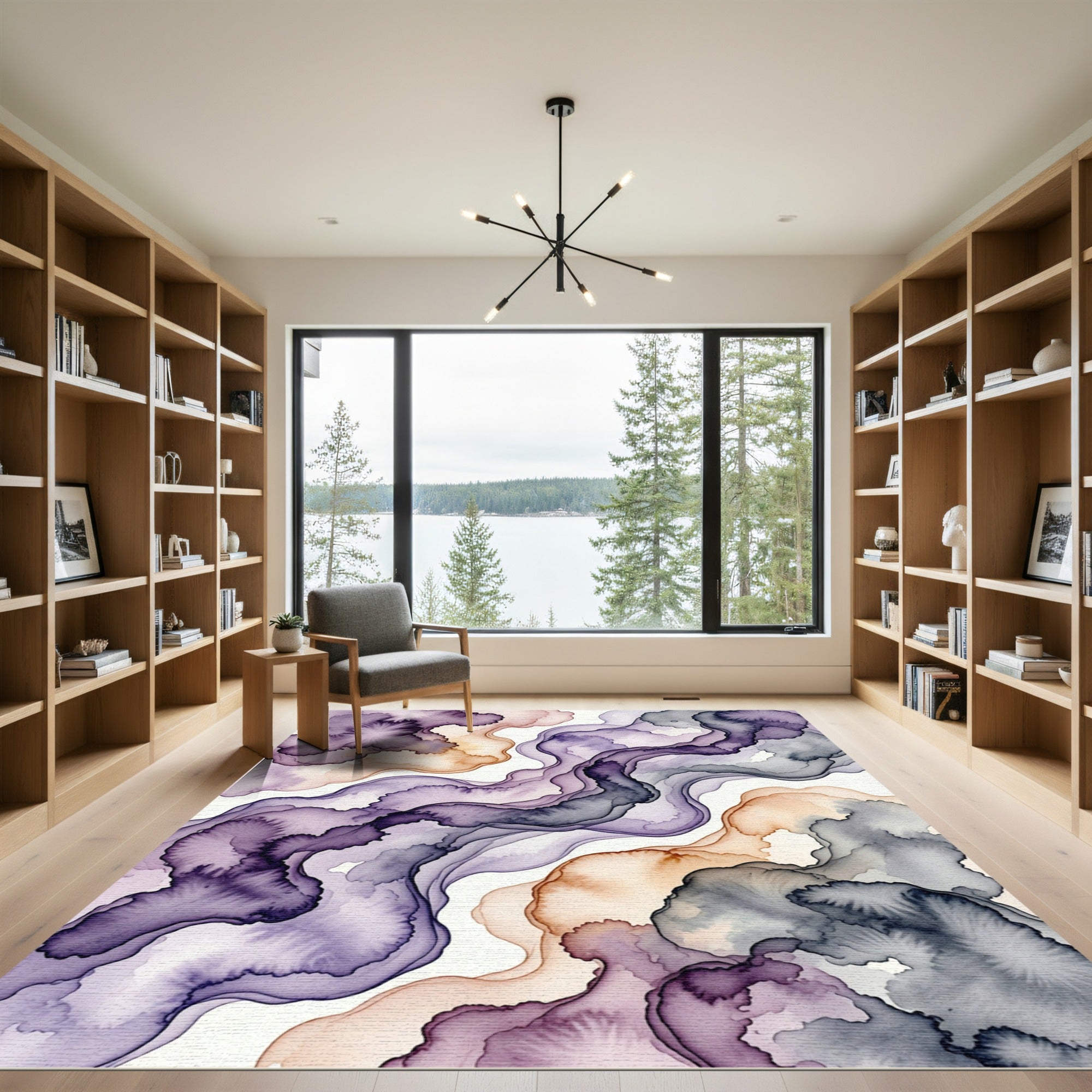 Abstract Plum and Amber Wavy Marble Rug