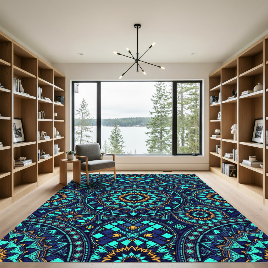 Electric Blue Teal Gold Mandala Rug