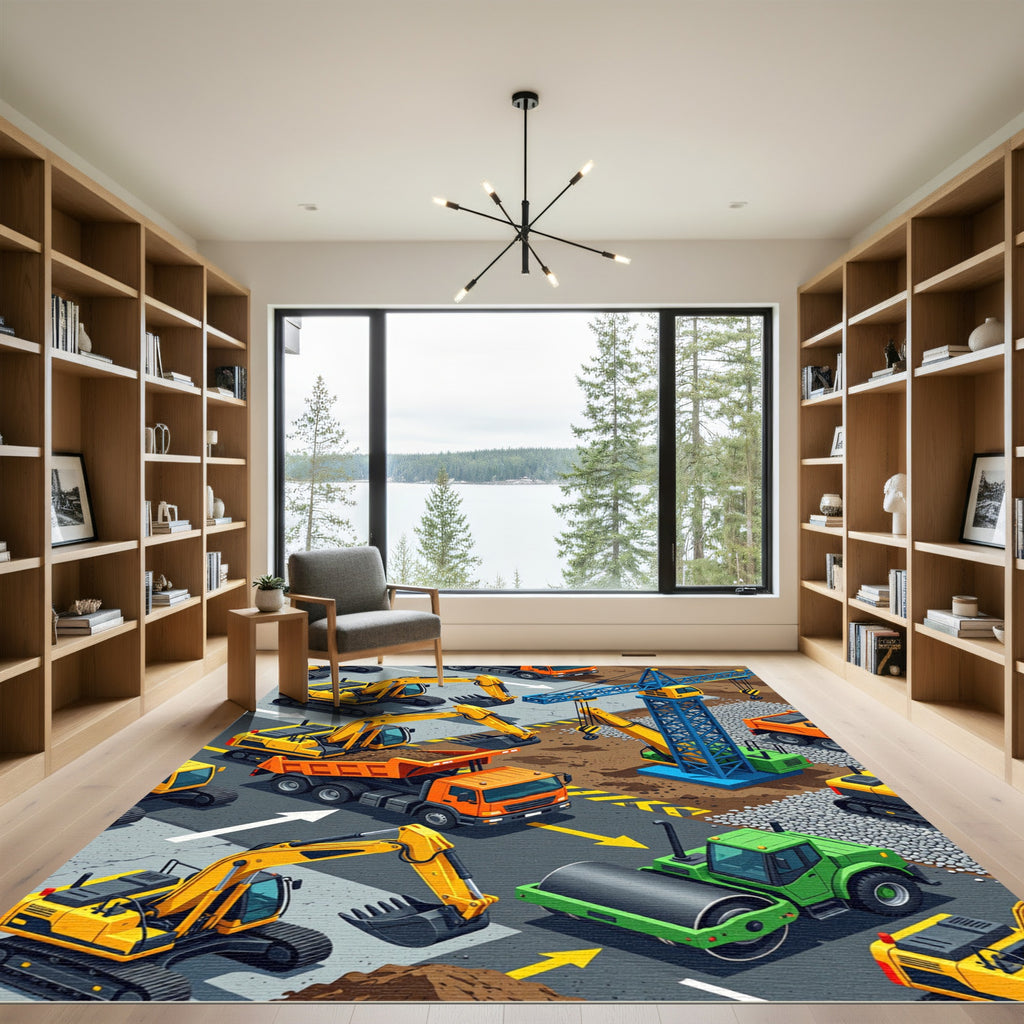 Dynamic Yellow Construction Site Scene Rug