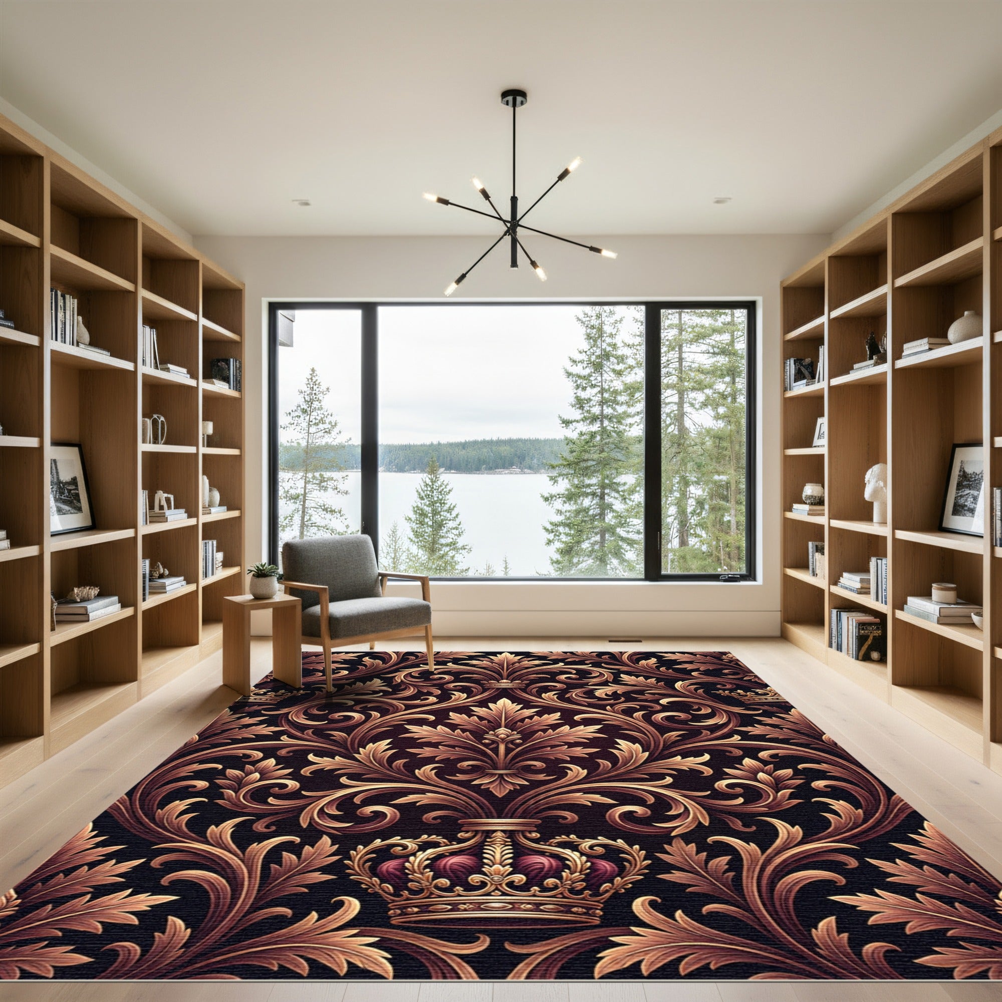 Ornate Gold Leaf Crown Scrollwork Rug
