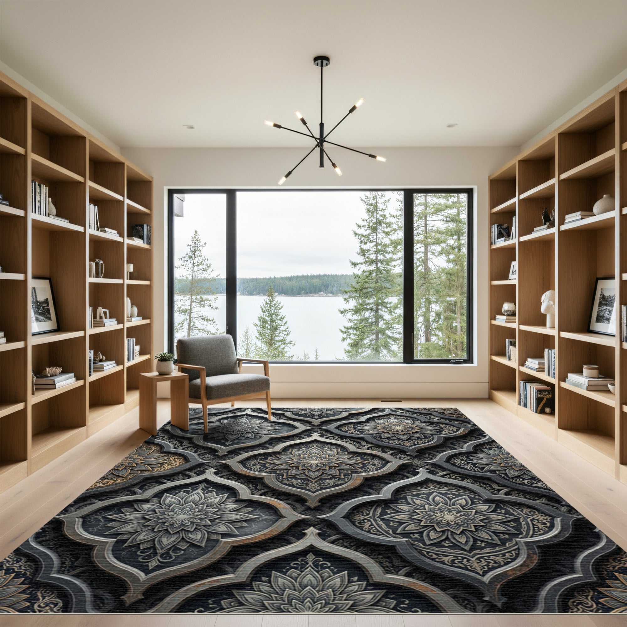 Ornate Dark Gray Floral Medallion Rug