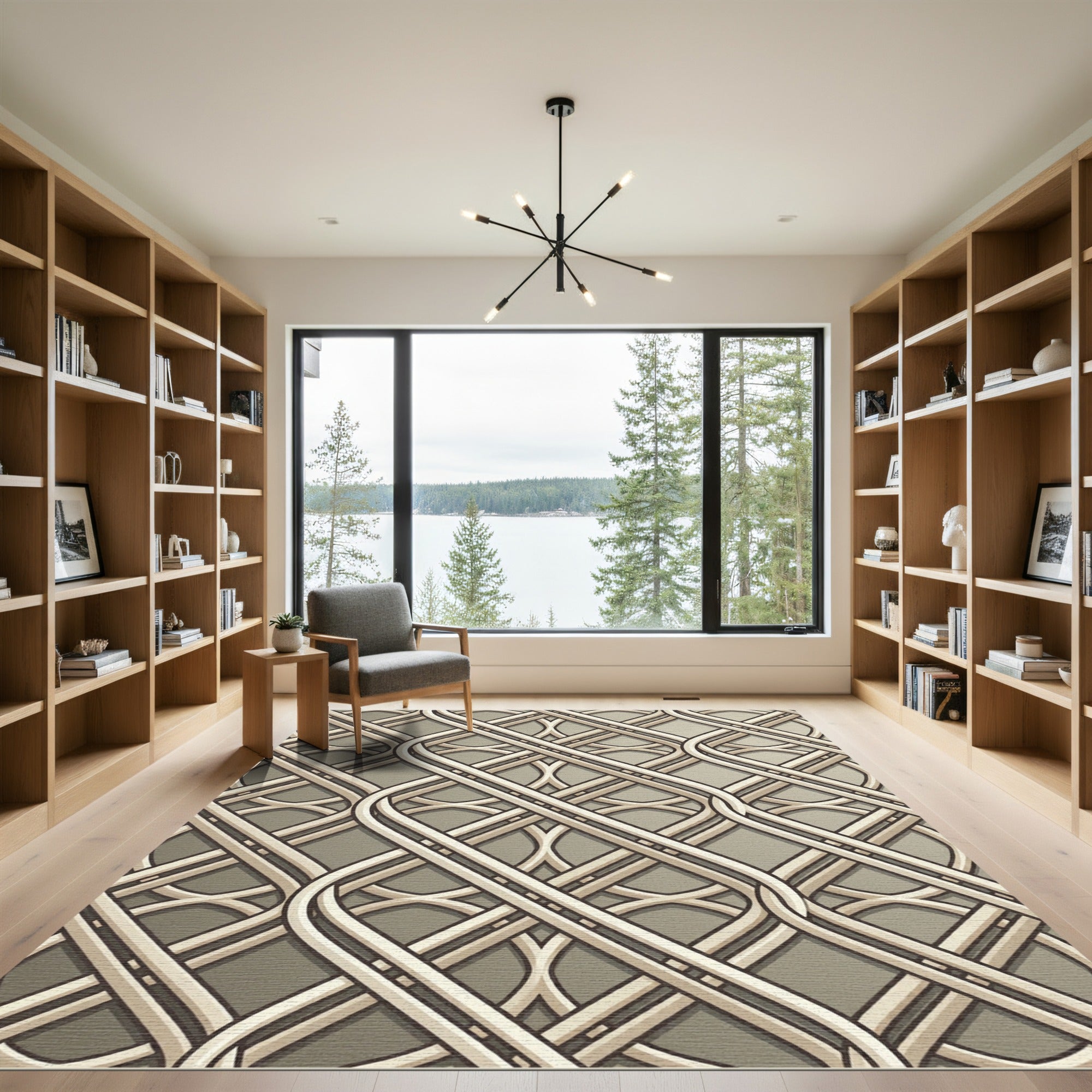 Sophisticated Beige Interlocking Geometric Lattice Rug