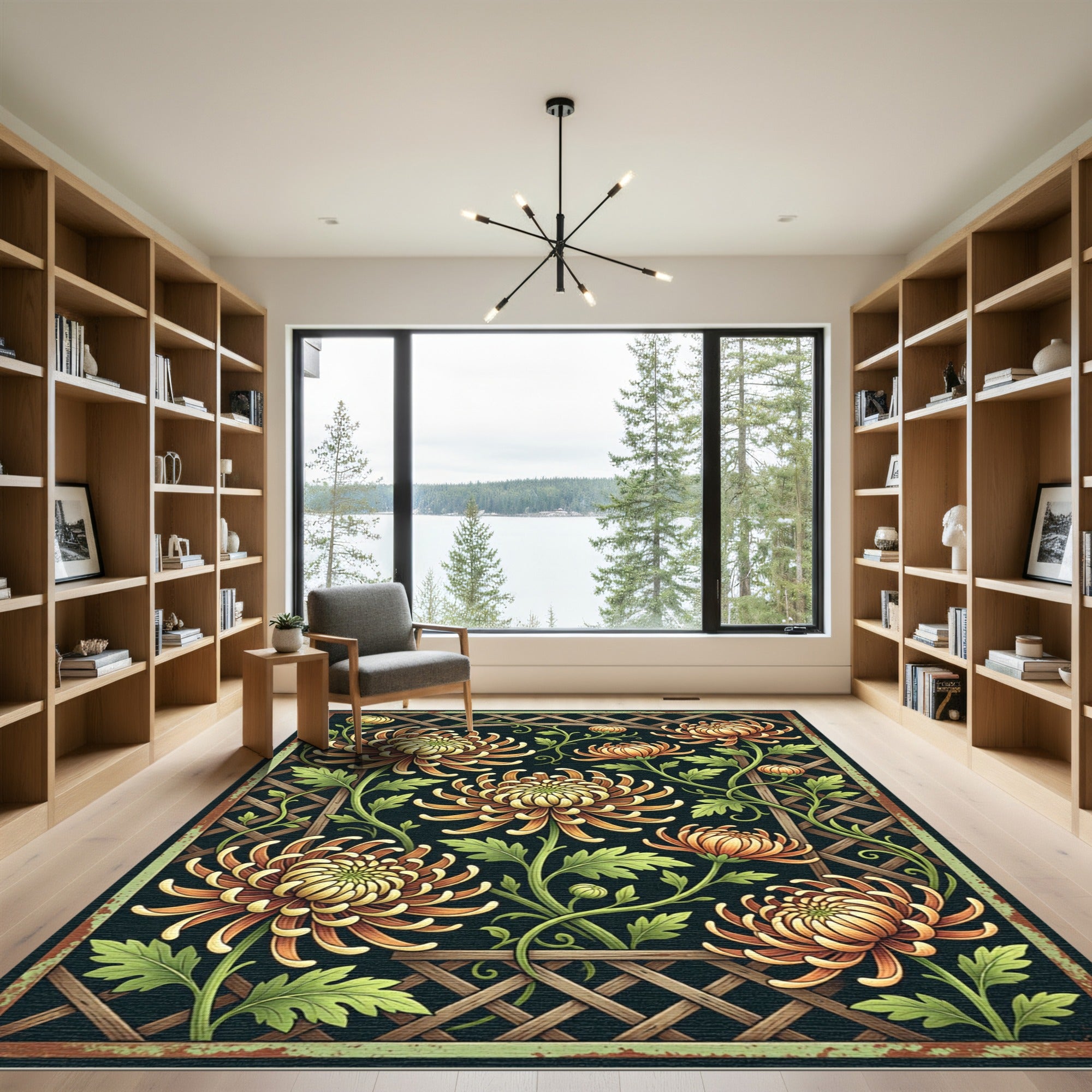 Golden Chrysanthemum Lattice Botanical Rug