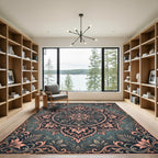 Deep Teal Rose Medallion Floral Rug