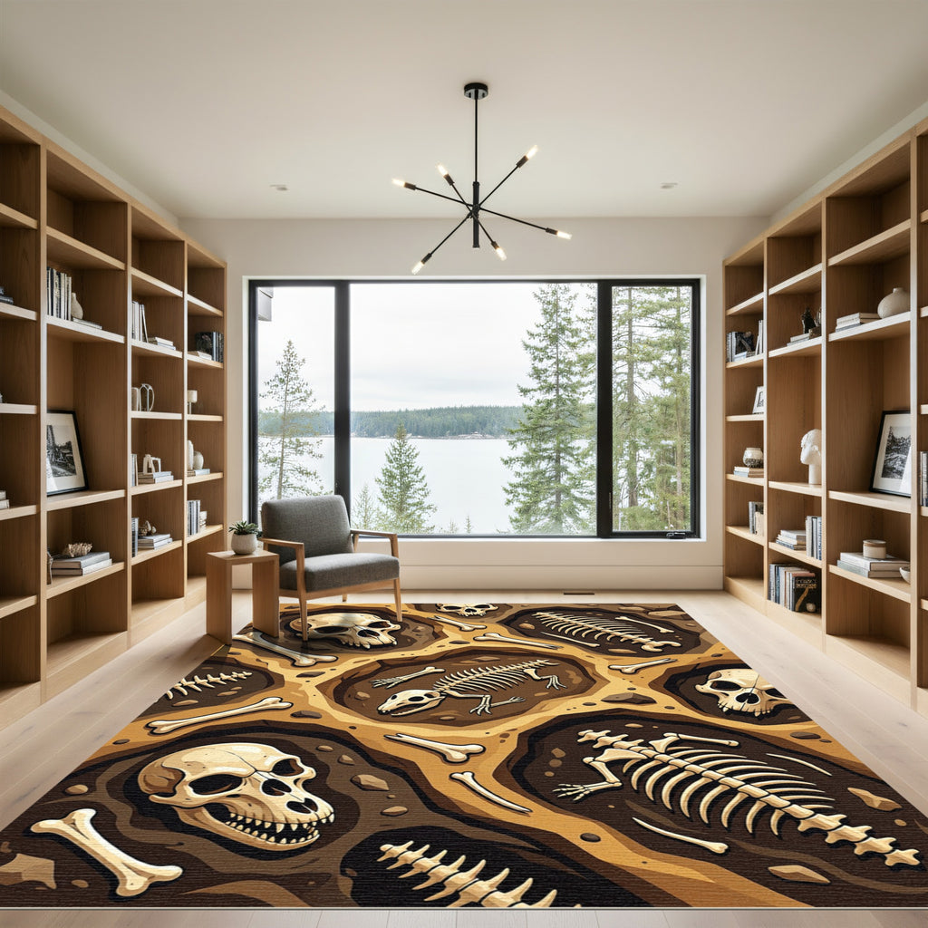 Earthy Fossil Skulls Hexagon Bone Tile Rug