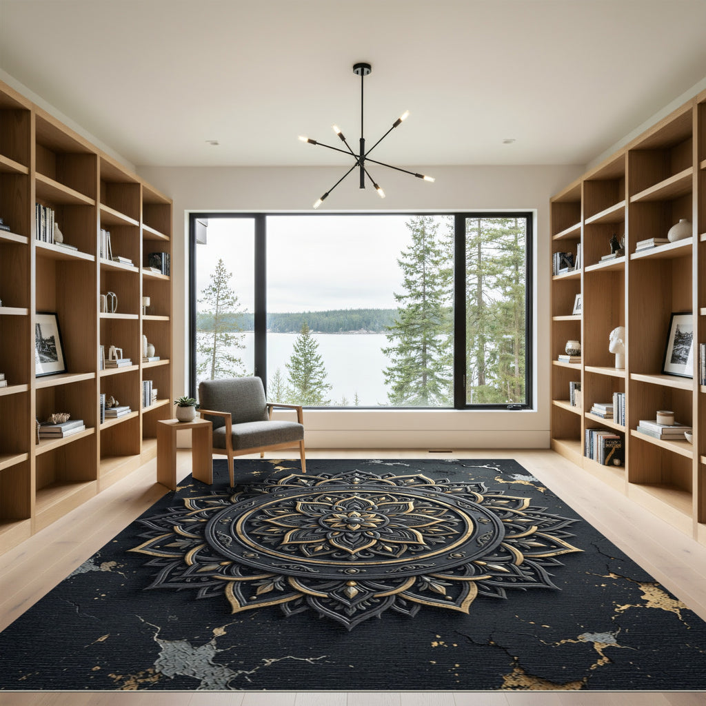 Elegant Black Gold Metallic Mandala Rug