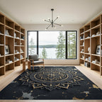 Elegant Black Gold Metallic Mandala Rug