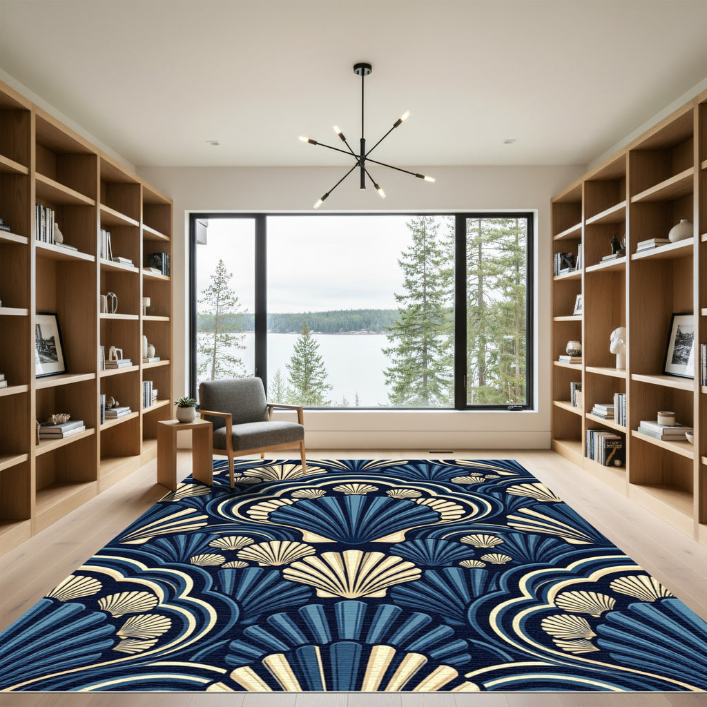 Art Deco Midnight Navy Shell Wallpaper Rug
