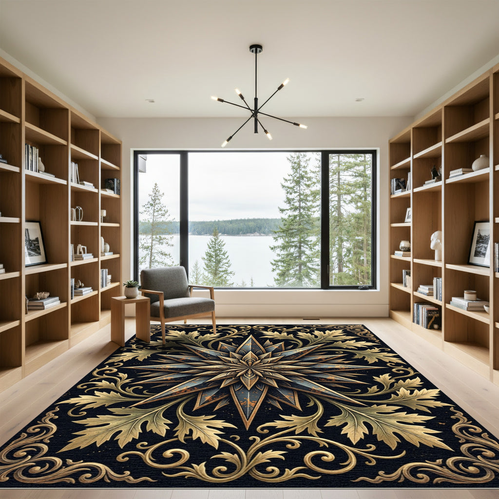 Ornate Gold Leaf Celestial Star Rug