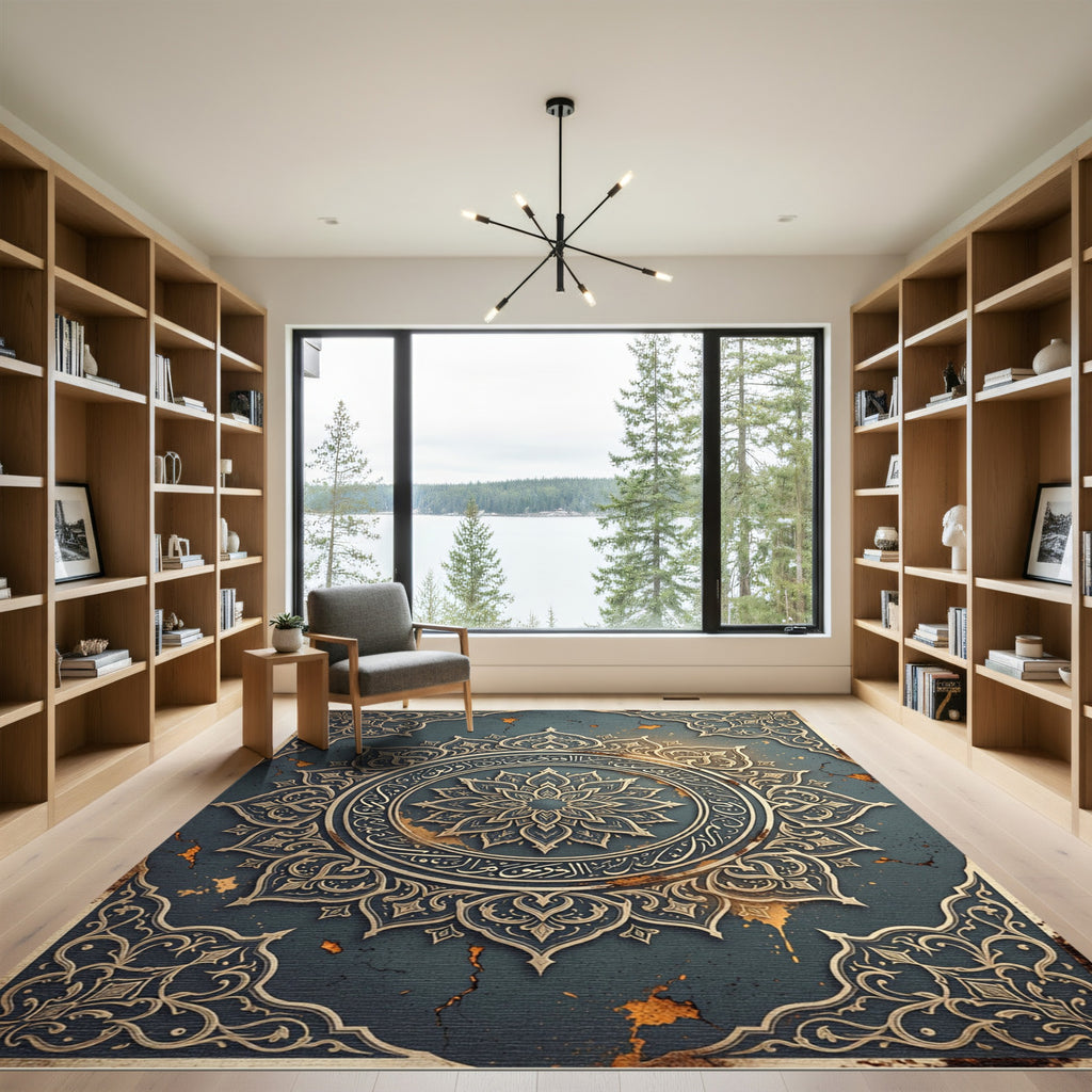 Ornate Teal Arabic Mandala Medallion Rug